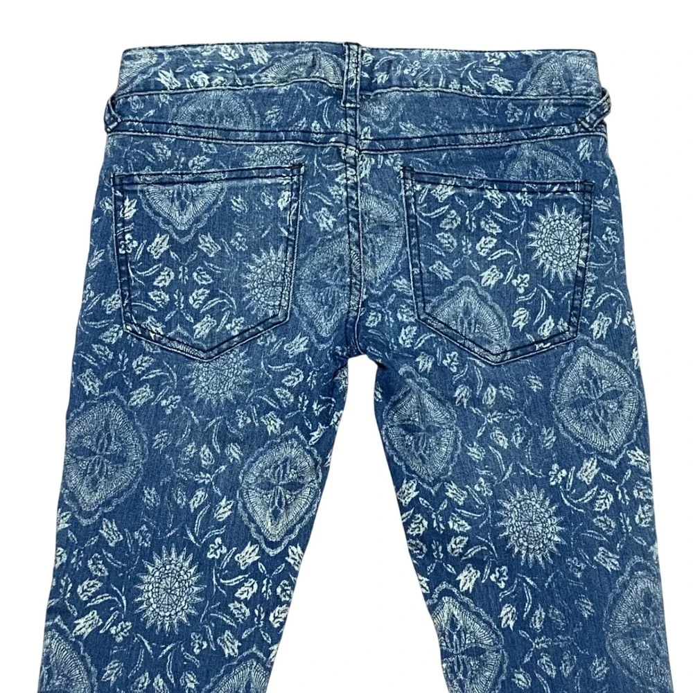 Free People Floral Paisley Skinny Jeans Blue Low Rise Stretch Denim Boho Size 24